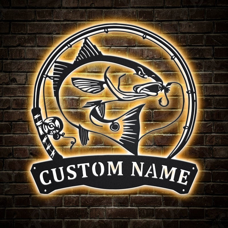Personalized Red Drum Fishing Fish Pole Monogram Metal Sign WITH LED/WITHOUT LED Lights Custom Red Drum Fishing Metal Sign Hobbie Gifts