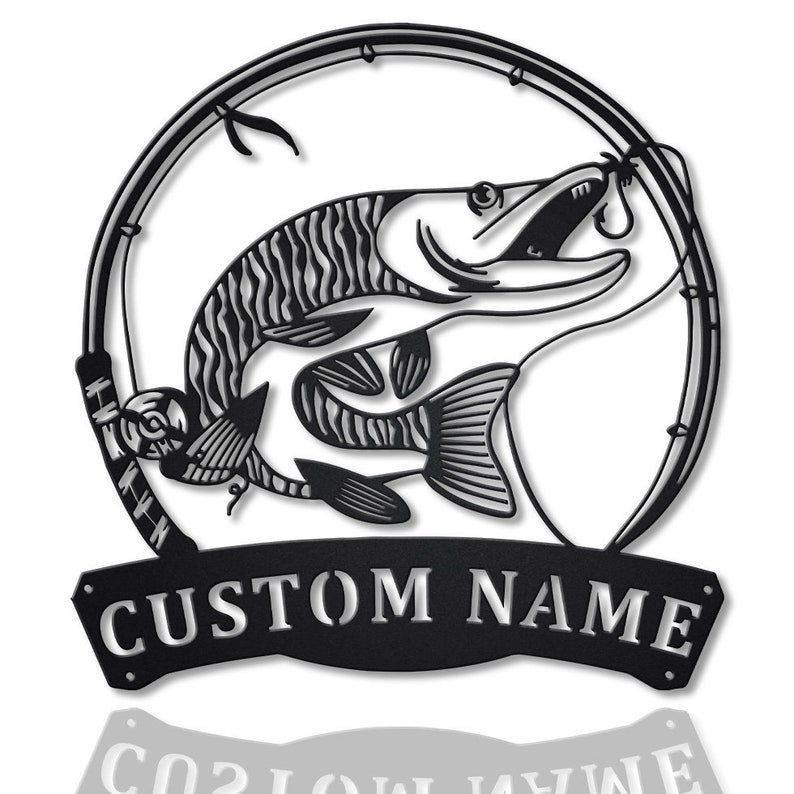 Personalized Tiger Muskellunge Fishing Fish Pole Monogram Metal Sign WITH LED/WITHOUT LED Lights Custom Tiger Muskellunge Metal Sign Hobbie Gifts