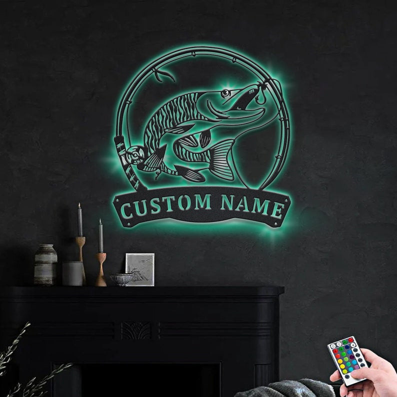 Personalized Tiger Muskellunge Fishing Fish Pole Monogram Metal Sign WITH LED/WITHOUT LED Lights Custom Tiger Muskellunge Metal Sign Hobbie Gifts