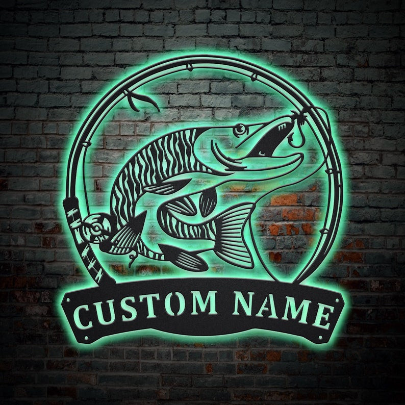 Personalized Tiger Muskellunge Fishing Fish Pole Monogram Metal Sign WITH LED/WITHOUT LED Lights Custom Tiger Muskellunge Metal Sign Hobbie Gifts