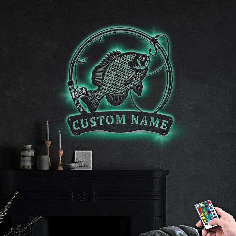 Personalized Bluegill Fishing Fish Pole Monogram Metal Sign WITH LED/WITHOUT LED Lights Custom Bluegill Fishing Metal Sign Hobbie Gifts