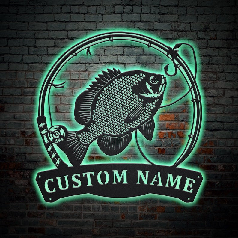 Personalized Bluegill Fishing Fish Pole Monogram Metal Sign WITH LED/WITHOUT LED Lights Custom Bluegill Fishing Metal Sign Hobbie Gifts