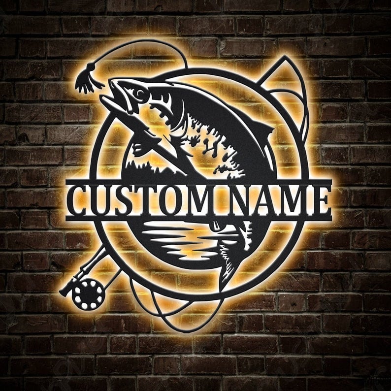 Personalized Trout Fishing Fish Pole Monogram Metal Sign WITH LED/WITHOUT LED Lights Custom Trout Fishing Metal Sign Hobbie Gifts Birthday Gift