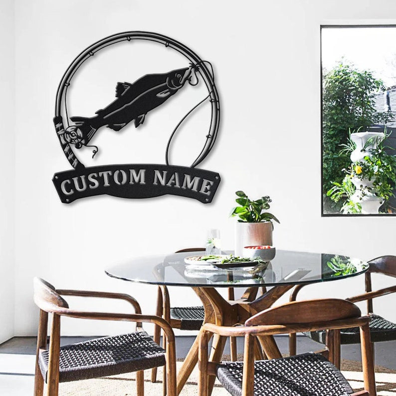 Personalized Humpies Salmon Fishing Fish Pole Metal Sign Art Custom Salmon Fishing Metal Sign Fishing Gift Decor Decoration