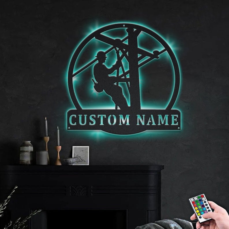 Personalized Lineman Monogram Metal Sign WITH LED/WITHOUT LED Lights Custom Lineman Metal Sign Birthday Gift Lineman Sign