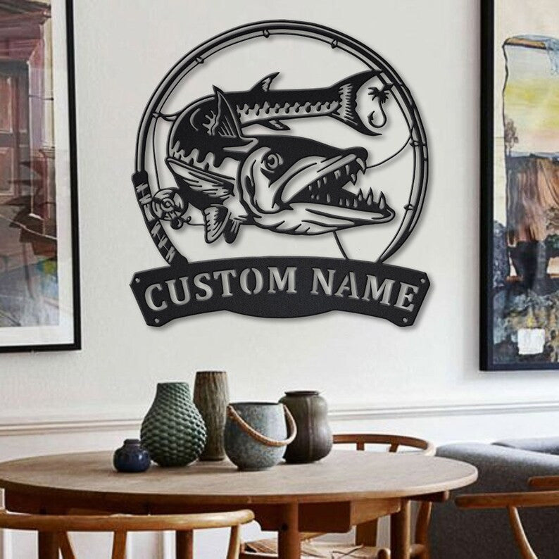 Personalized Barracudas Fishing Fish Pole Monogram Metal Sign WITH LED/WITHOUT LED Lights Custom Barracudas Fishing Metal Sign Hobbie Gifts