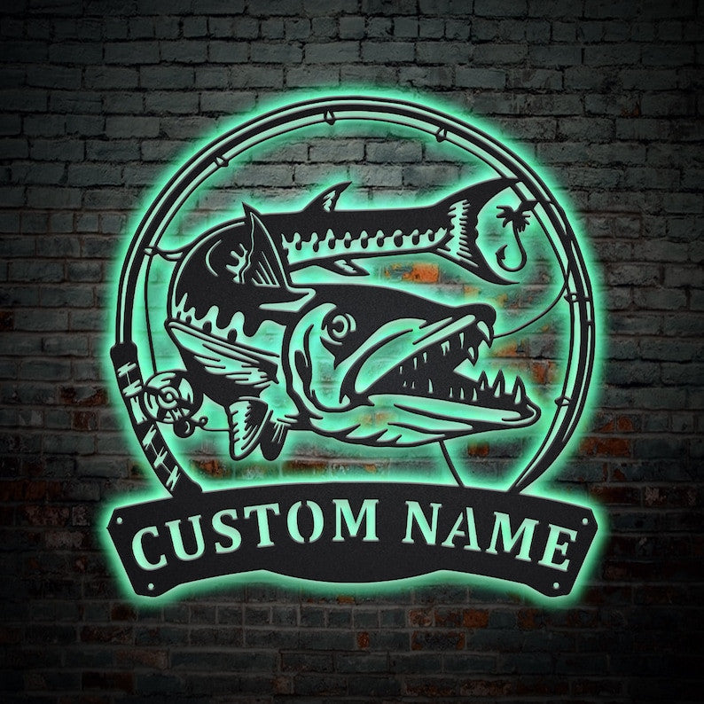 Personalized Barracudas Fishing Fish Pole Monogram Metal Sign WITH LED/WITHOUT LED Lights Custom Barracudas Fishing Metal Sign Hobbie Gifts