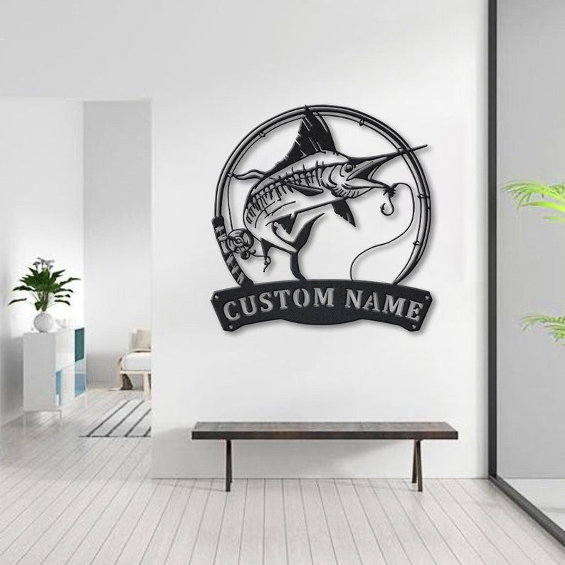 Personalized Swordfish Fishing Fish Pole Metal Sign Art Custom Swordfish Fishing Metal Sign Swordfish Fishing Gift Decor Decoration