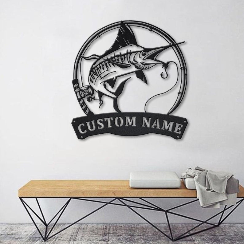 Personalized Swordfish Fishing Fish Pole Metal Sign Art Custom Swordfish Fishing Metal Sign Swordfish Fishing Gift Decor Decoration