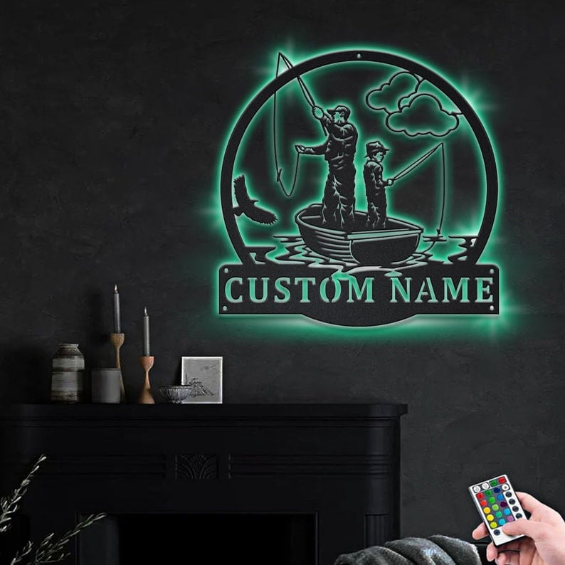 Personalized Fishing Father And Son Monogram Metal Sign WITH LED/WITHOUT LED Lights Custom Fishing Metal Sign Birthday Gift Father's Day Gift