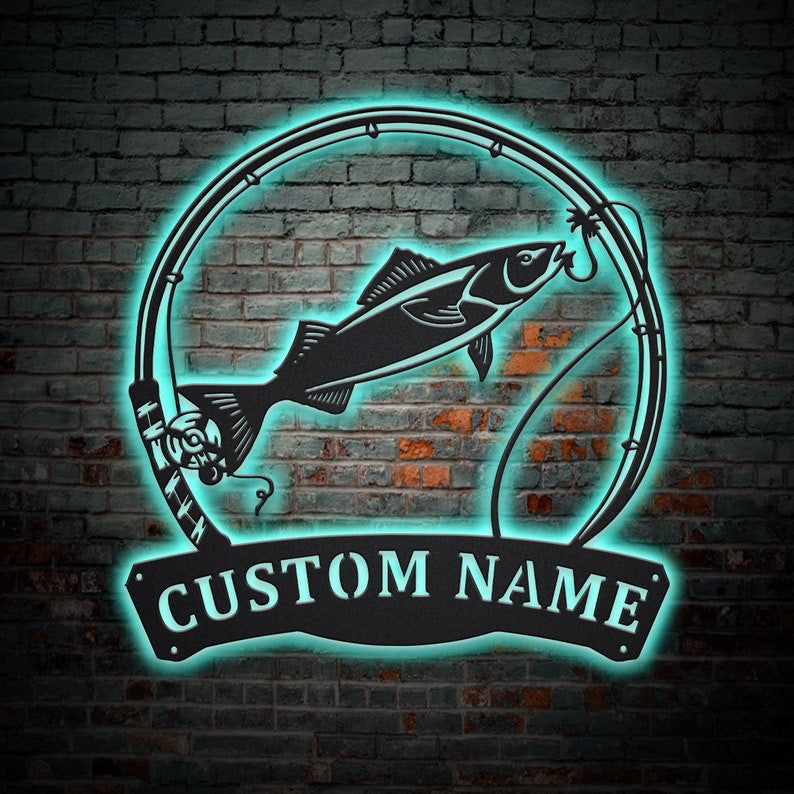 Personalized Sablefish Fish Pole Monogram Metal Sign WITH LED/WITHOUT LED Lights Custom Sablefish Fishing Metal Sign Sablefish Gifts