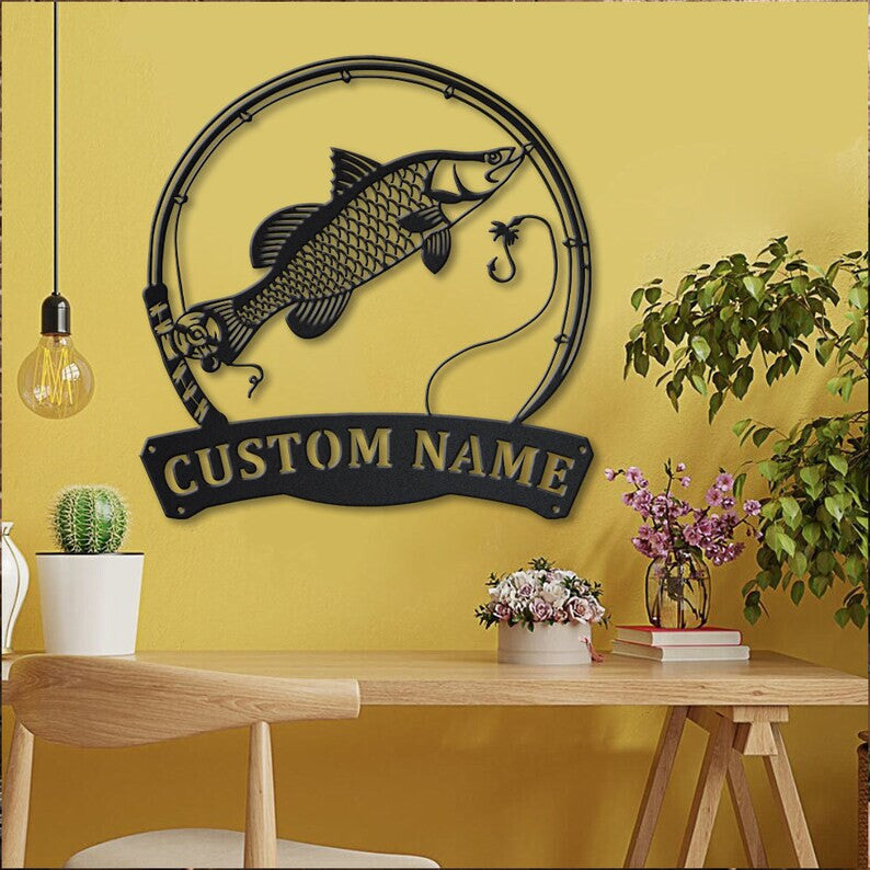 Personalized Barramundi Fishing Fish Pole Metal Sign Art Custom Barramundi Fishing Metal Sign Fishing Lover Sign Decoration For Living Room