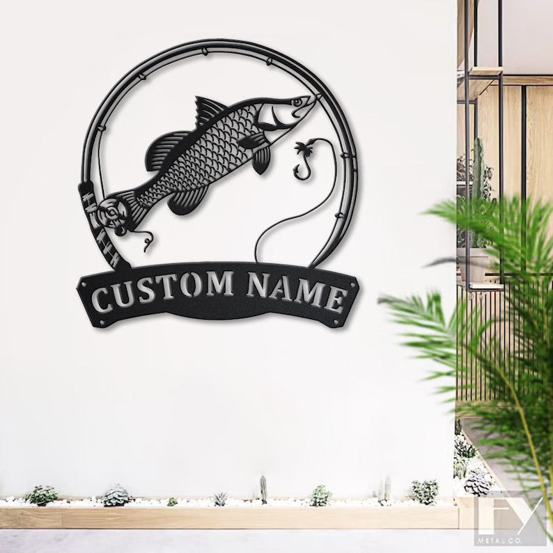 Personalized Barramundi Fishing Fish Pole Metal Sign Art Custom Barramundi Fishing Metal Sign Fishing Lover Sign Decoration For Living Room