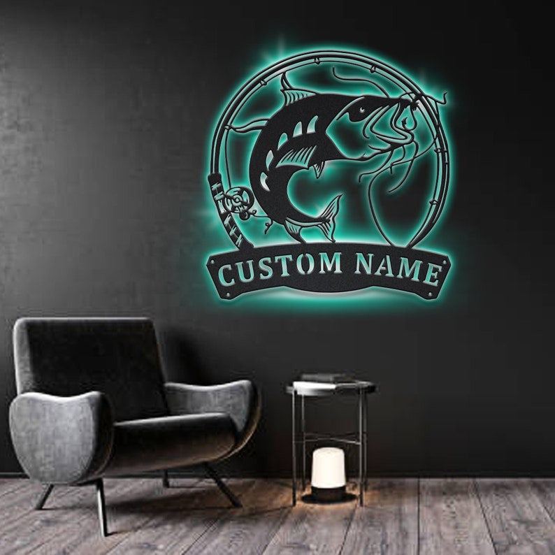 Personalized Catfish Fishing Fish Pole Monogram Metal Sign WITH LED/WITHOUT LED Lights Custom Catfish Metal Sign Hobbie Gifts