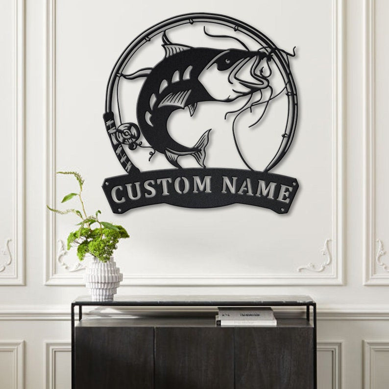 Personalized Catfish Fishing Fish Pole Monogram Metal Sign WITH LED/WITHOUT LED Lights Custom Catfish Metal Sign Hobbie Gifts