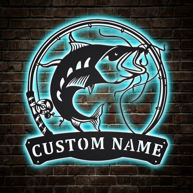 Personalized Catfish Fishing Fish Pole Monogram Metal Sign WITH LED/WITHOUT LED Lights Custom Catfish Metal Sign Hobbie Gifts