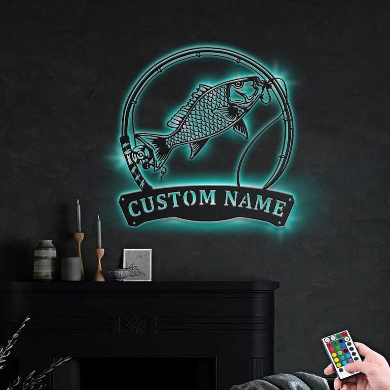 Personalized Mutton Snapper Fish Pole Monogram Metal Sign WITH LED/WITHOUT LED Lights Custom Mutton Snapper Fishing Metal Sign Fishing Gifts