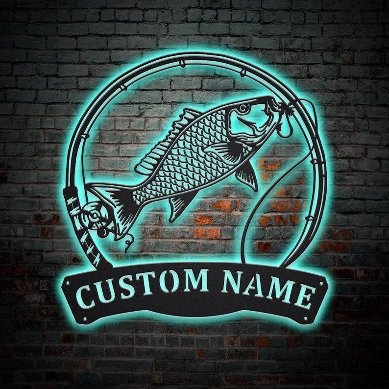 Personalized Mutton Snapper Fish Pole Monogram Metal Sign WITH LED/WITHOUT LED Lights Custom Mutton Snapper Fishing Metal Sign Fishing Gifts