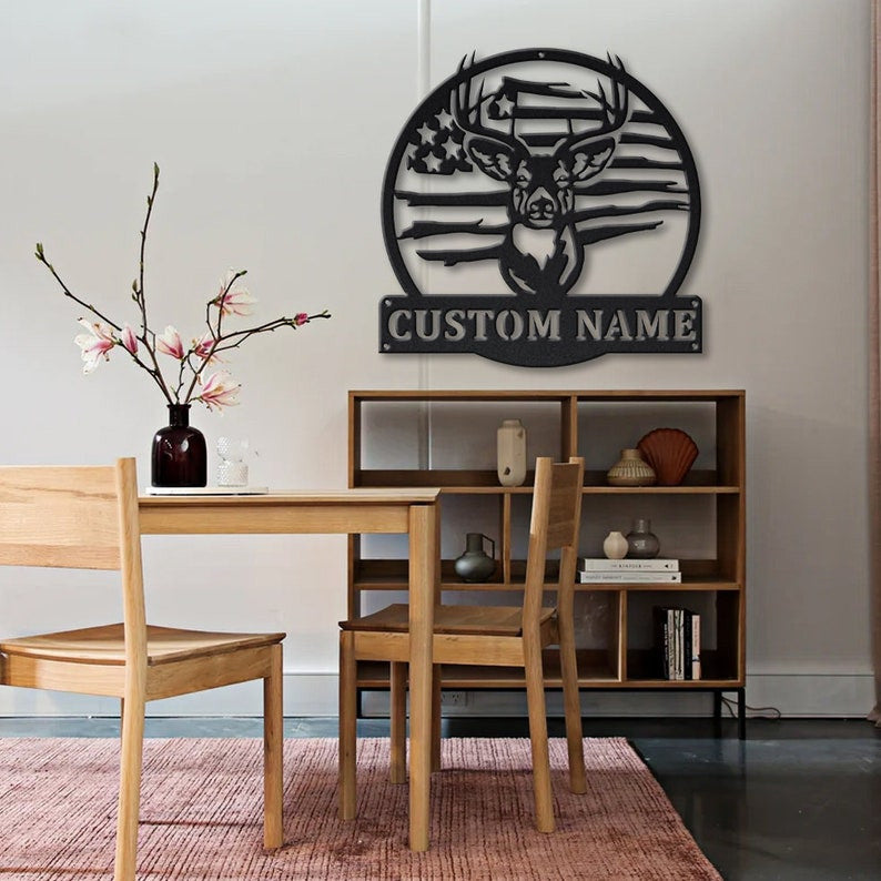 USA Flag Deer Hunting Metal Sign Art Metal Wall Art Deer Antler Decor Deer Camp Sign Housewarming Outdoor Metal Sign