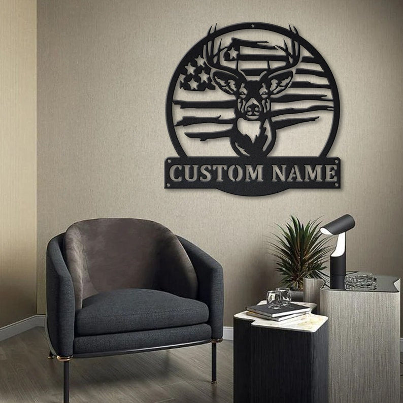 USA Flag Deer Hunting Metal Sign Art Metal Wall Art Deer Antler Decor Deer Camp Sign Housewarming Outdoor Metal Sign