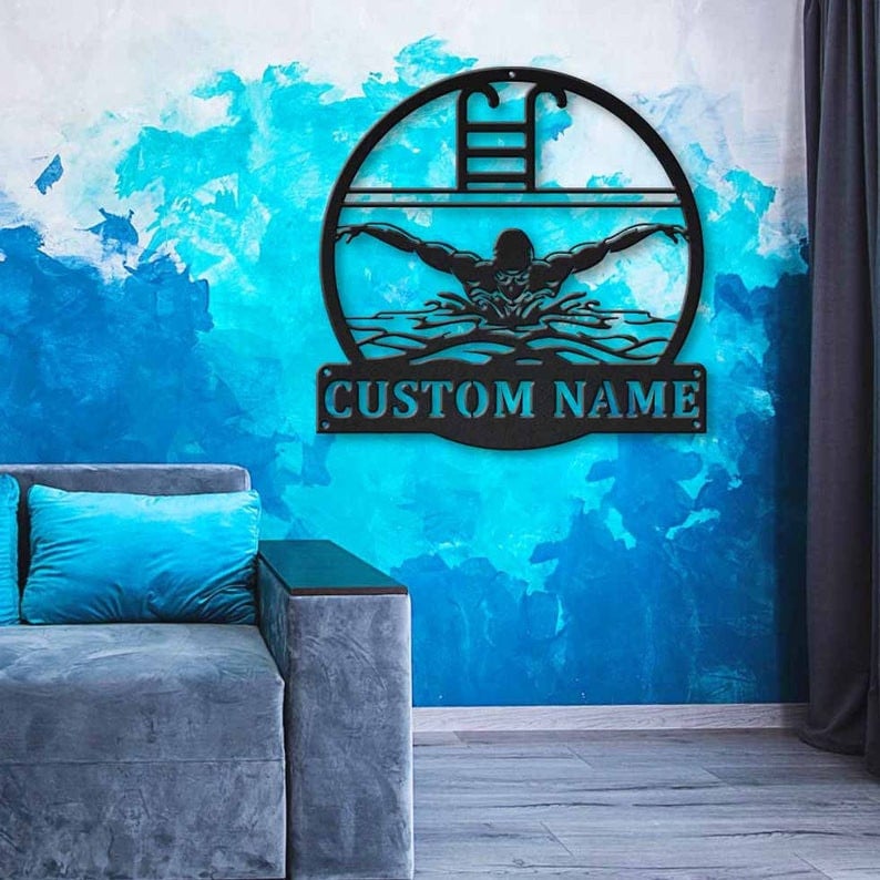 Personalized Swimming Monogram Metal Sign Art Custom Swimming Metal Sign Hobbie Gifts Sport Gift Birthday Gift