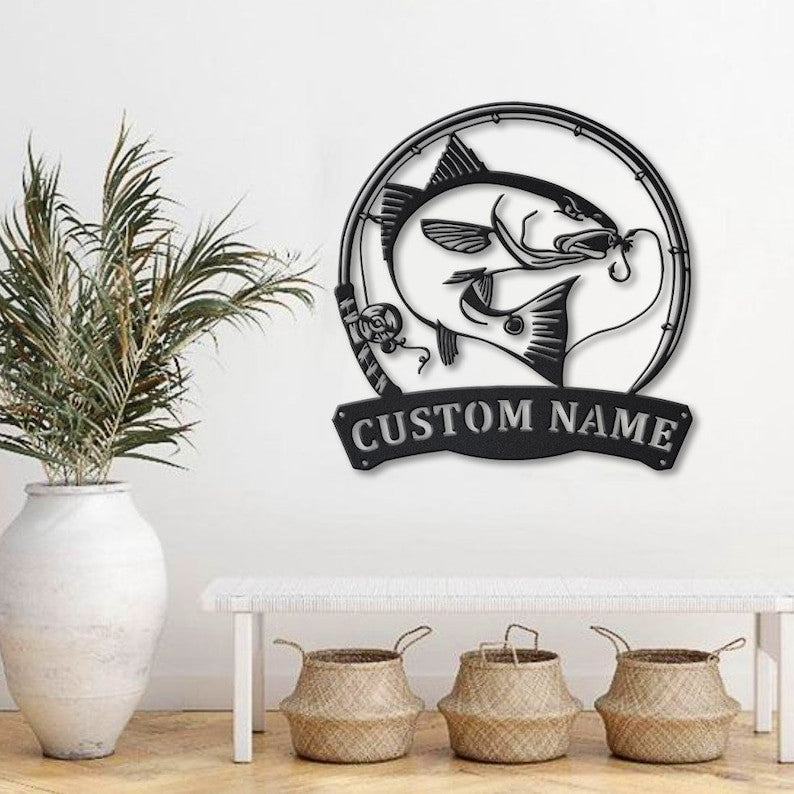 Personalized Red Drum Fishing Fish Pole Metal Sign Art Custom Red Drum Fishing Monogram Metal Sign Fishing Gifts Hobbie Gift