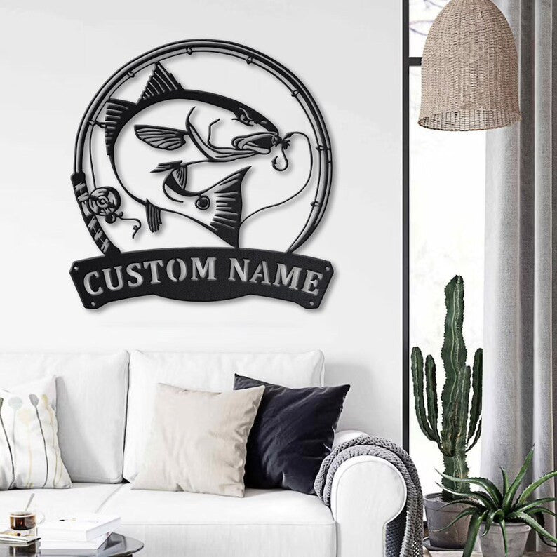 Personalized Red Drum Fishing Fish Pole Metal Sign Art Custom Red Drum Fishing Monogram Metal Sign Fishing Gifts Hobbie Gift