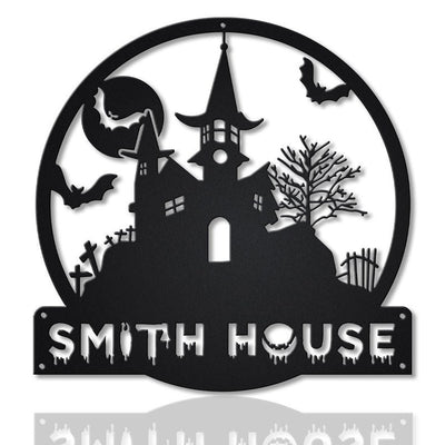 Personalized Halloween Castle House Metal Sign WITH LED/WITHOUT LED Lights v1 Custom Halloween Family Metal Sign Custom Halloween Home Decor