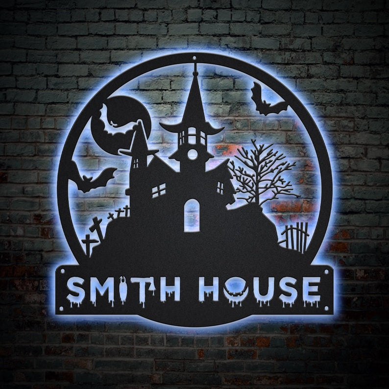 Personalized Halloween Castle House Metal Sign WITH LED/WITHOUT LED Lights v1 Custom Halloween Family Metal Sign Custom Halloween Home Decor