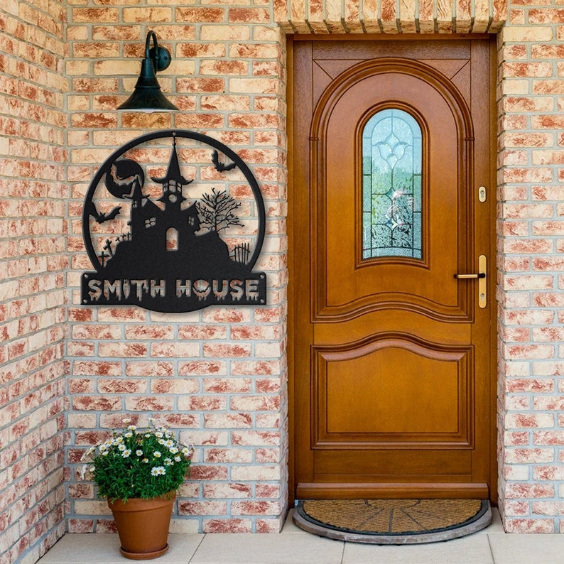 Personalized Halloween Castle House Metal Sign WITH LED/WITHOUT LED Lights v1 Custom Halloween Family Metal Sign Custom Halloween Home Decor