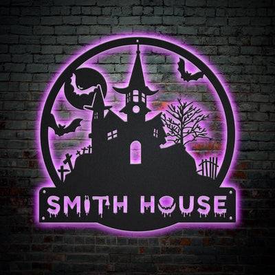 Personalized Halloween Castle House Metal Sign WITH LED/WITHOUT LED Lights v1 Custom Halloween Family Metal Sign Custom Halloween Home Decor