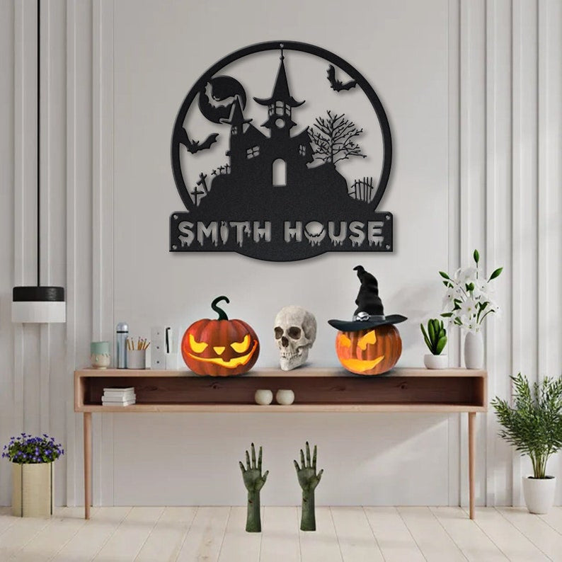 Personalized Halloween Castle House Metal Sign WITH LED/WITHOUT LED Lights v1 Custom Halloween Family Metal Sign Custom Halloween Home Decor