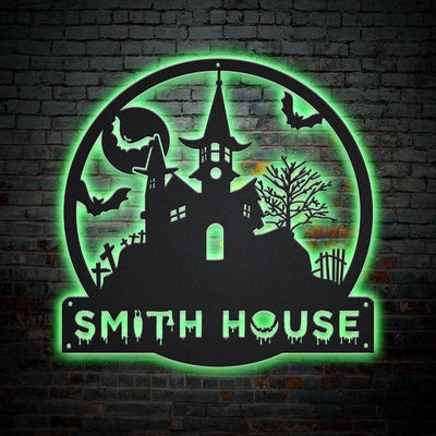 Personalized Halloween Castle House Metal Sign WITH LED/WITHOUT LED Lights v1 Custom Halloween Family Metal Sign Custom Halloween Home Decor