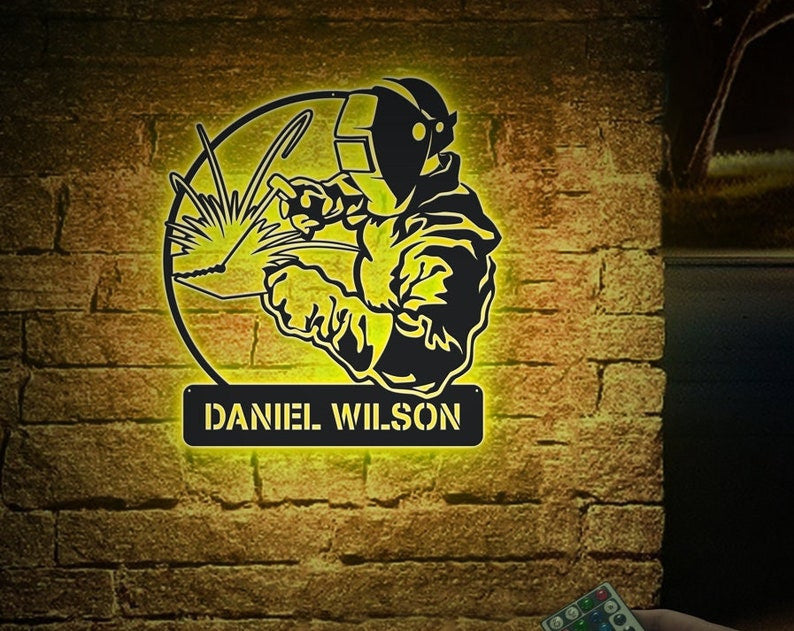Personalized Led Lights Welder Metal Wall Art, Personalized Mechanic Name Sign, Welding Sign, Hobbies Gift, Gifts for Dad, Retirement Gifts