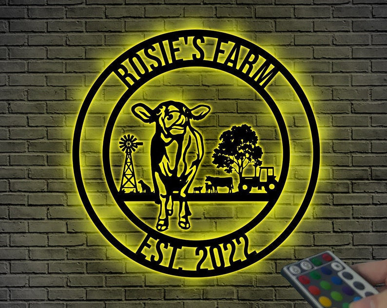 Personalized Cow Farm Metal Wall Art WITH LED/WITHOUT LEDs, Farmhouse Decoration, Custom Cow Metal Sign, Gift For Farmer, Gift For Father, Mother