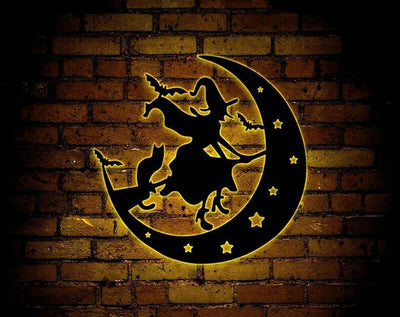 Halloween Flying Witch With Cat & Bats Metal Wall Art WITH LED/WITHOUT LEDs, Witch Flying Into The Moon Sign, Haunted House Decoration, Witch Bats Cat