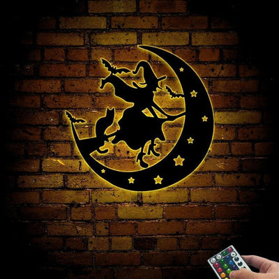 Halloween Flying Witch With Cat & Bats Metal Wall Art WITH LED/WITHOUT LEDs, Witch Flying Into The Moon Sign, Haunted House Decoration, Witch Bats Cat