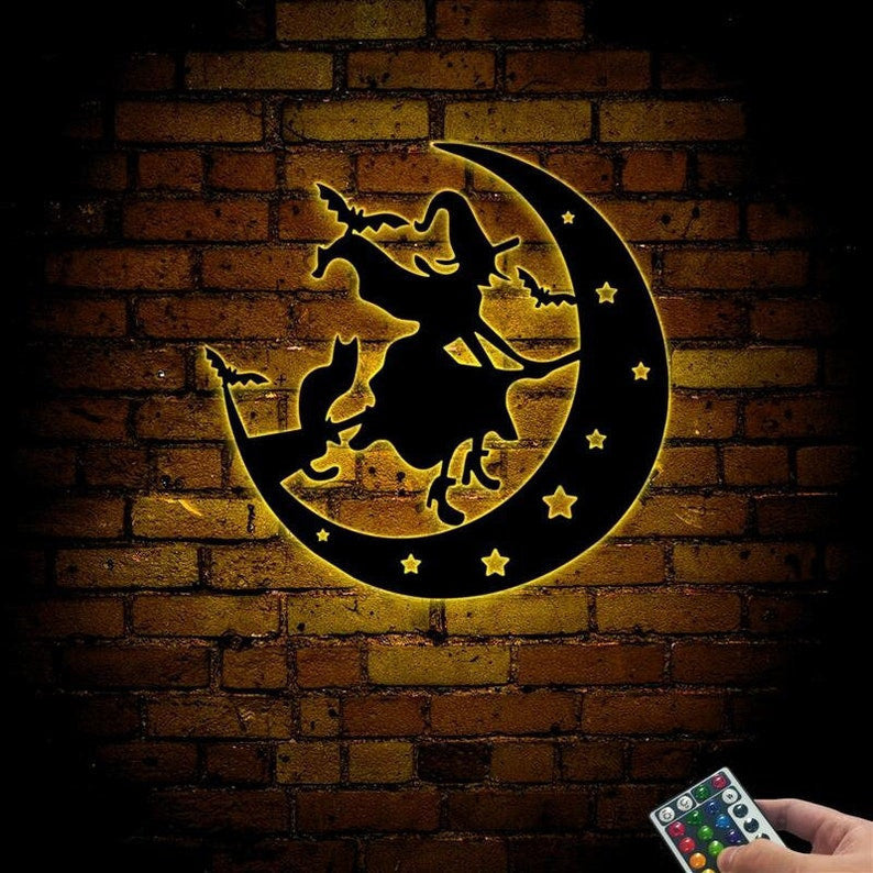 Halloween Flying Witch With Cat & Bats Metal Wall Art WITH LED/WITHOUT LEDs, Witch Flying Into The Moon Sign, Haunted House Decoration, Witch Bats Cat