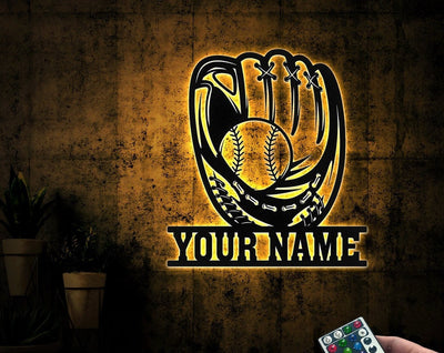 Personalized Baseball Glove Metal Wall Art WITH LED/WITHOUT LEDs, Custom Baseball Player Monogram Sign, Baseball Lover Sign, Living Room Birthday Gift