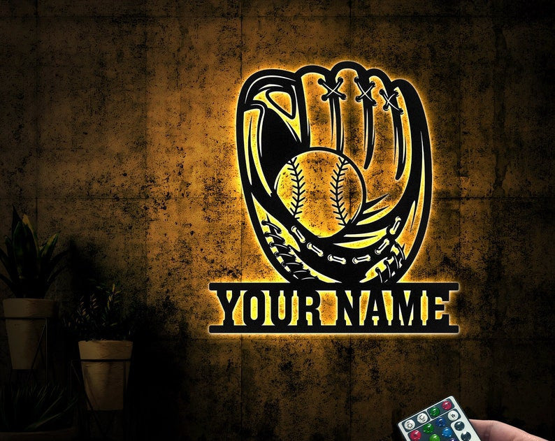 Personalized Baseball Glove Metal Wall Art WITH LED/WITHOUT LEDs, Custom Baseball Player Monogram Sign, Baseball Lover Sign, Living Room Birthday Gift