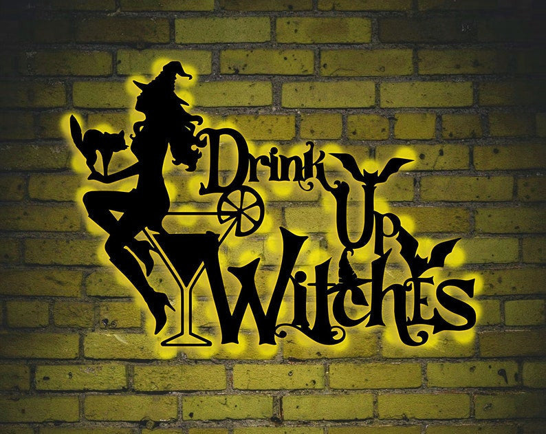 Witch Girl With Cat Metal Wall Art WITH LED/WITHOUT LED Lights, Halloween Bar Decor, Drink Up Witches Halloween Decor For Bar, Pub, Food & Beverage Shop