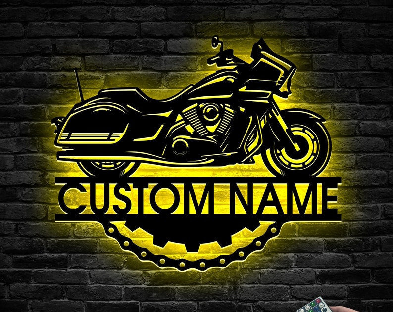 Custom Motorcycle Metal Wall Art WITH LED/WITHOUT LED Lights, Motorcycle Sign, Personalized Motorcycle Garage Name Sign, Biker Home Decor, Gift For Boys