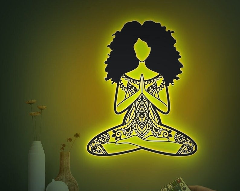 Yoga Girl Metal Wall Art WITH LED/WITHOUT LED Lights, Yoga Room Decor, Mandala Yoga Sign, African American Yoga Girl, Yoga Lover Gift, Night Light Decor
