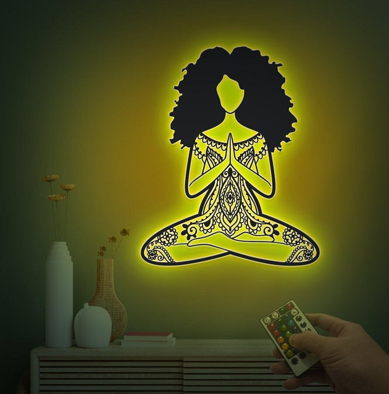 Yoga Girl Metal Wall Art WITH LED/WITHOUT LED Lights, Yoga Room Decor, Mandala Yoga Sign, African American Yoga Girl, Yoga Lover Gift, Night Light Decor