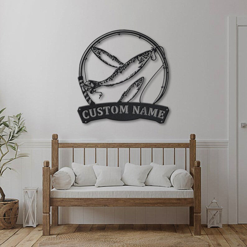 Personalized Sardine Fishing Fish Pole Monogram Metal Sign Art Custom Sardine Fish Metal Sign Fishing Lover Sign Decoration For Living Room