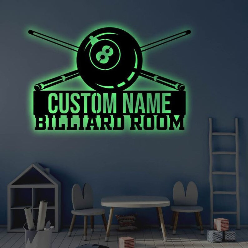 Personalized Billiards LED Metal Art Sign Light up Pool Metal Sign Multi Colors Custom billiards Sign LED Metal Wall Art Gift