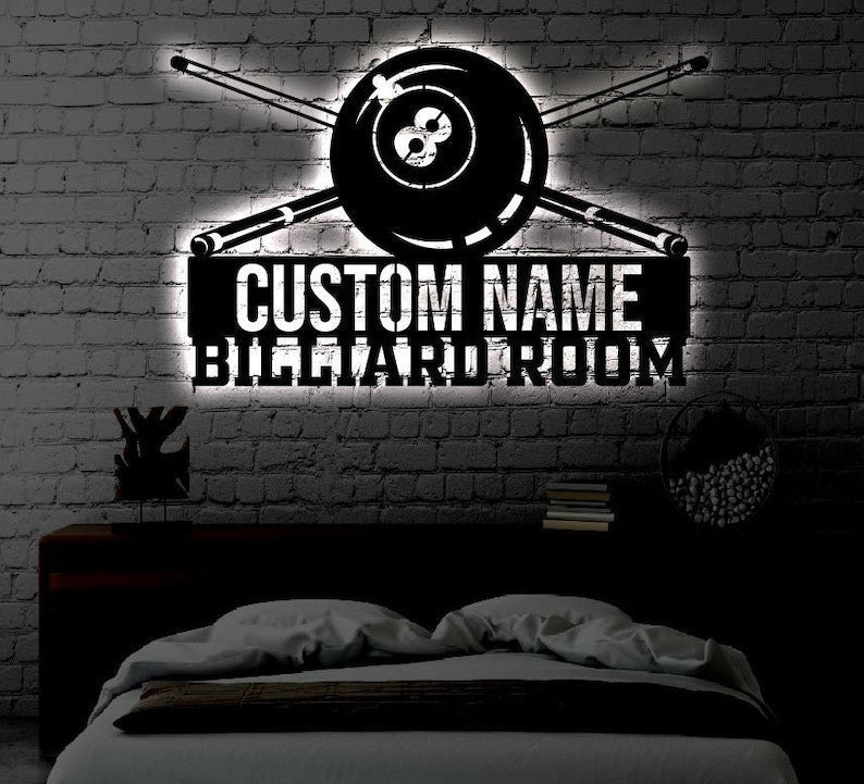 Personalized Billiards LED Metal Art Sign Light up Pool Metal Sign Multi Colors Custom billiards Sign LED Metal Wall Art Gift