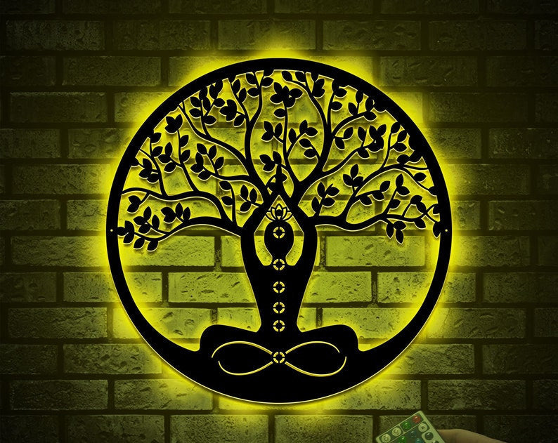 Personalized Meditation Tree Of Life Metal Wall Art WITH LED/WITHOUT LED Lights, Lotus Meditation Room Decor, Spiritual Wall Hanging, Yoga Studio Decor