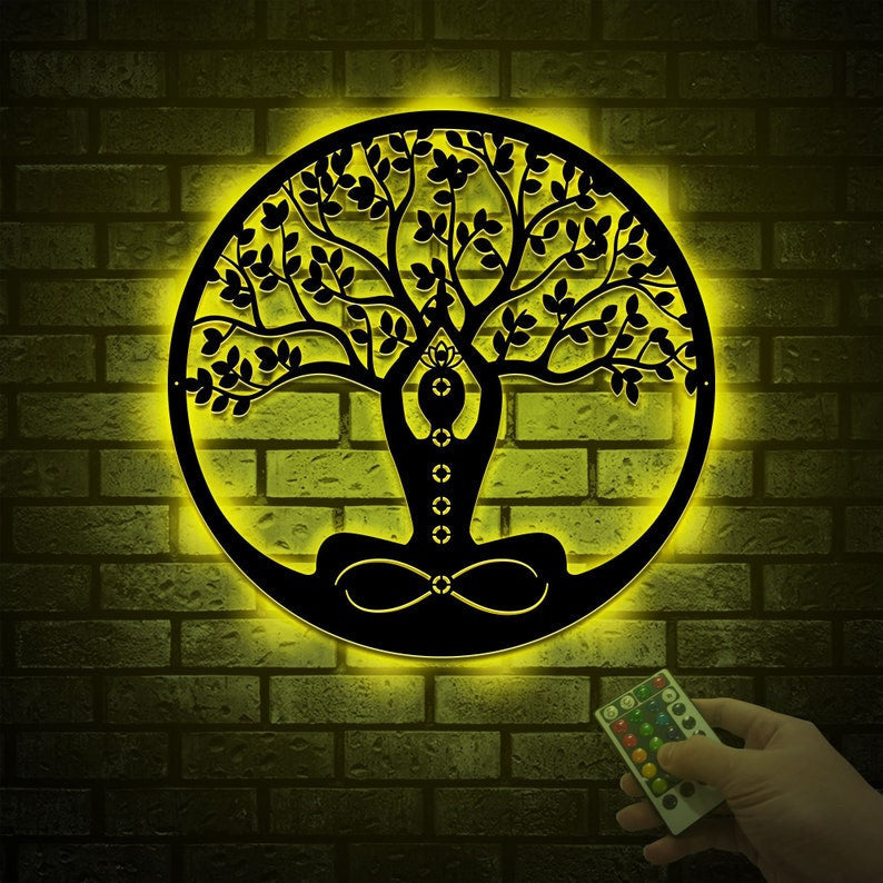 Personalized Meditation Tree Of Life Metal Wall Art WITH LED/WITHOUT LED Lights, Lotus Meditation Room Decor, Spiritual Wall Hanging, Yoga Studio Decor