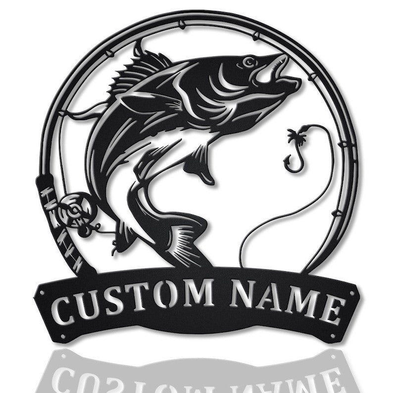 Personalized Walleye Fishing Fish Pole Monogram Metal Sign WITH LED/WITHOUT LED Lights Custom Walleye Fishing Metal Sign Fishing Gifts Walleye Sign